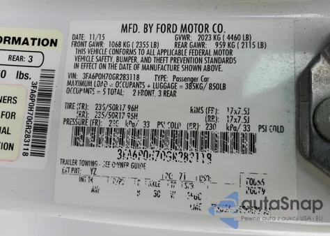 2016 Ford Fusion Se z USA, uszkodzony, nr VIN 3FA6P0H70GR283118